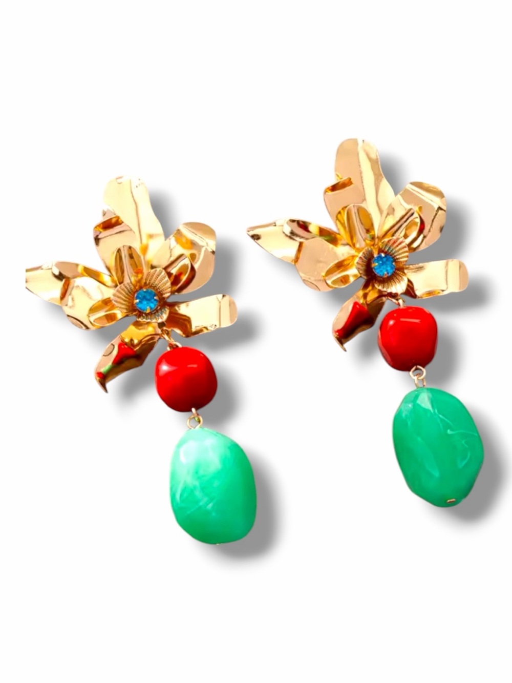 Gold Flower Drop Earrings with Red and Green Accents